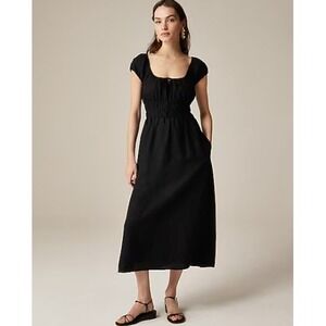 J.Crew Rea Dress Womens XS Black Linen Solid Sleeveless Midi Smocked Waist NWT